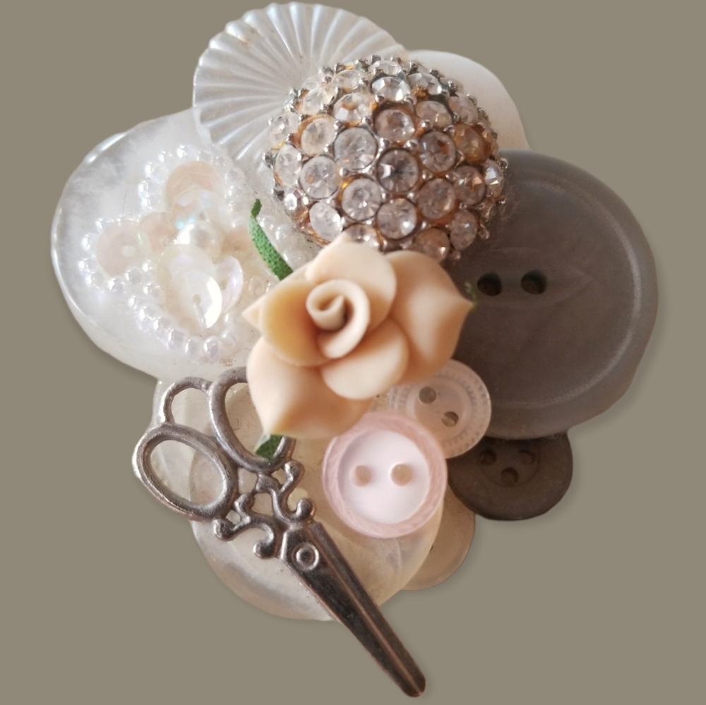 Vintage Hand Crafted Rhinestone Button Collage Brooch